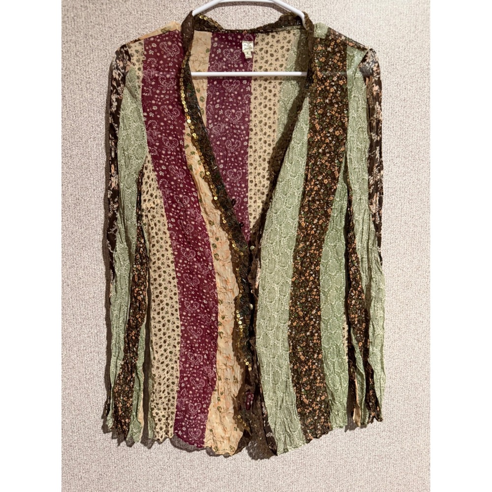 Future Paradise Silk Patchwork SequinBeaded Cardigan Top Womens Size 4 Boho Mesh